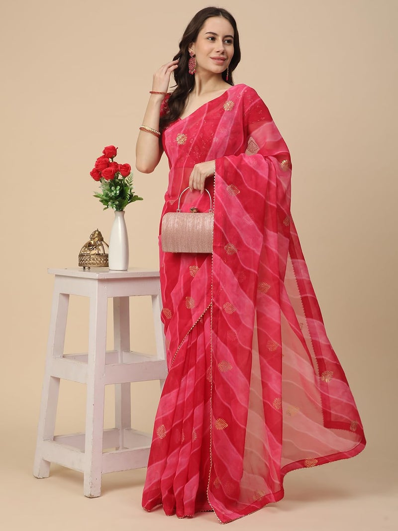 RATAN Women's Shimmer Georgette Leheriya Printed Saree with Embroidered Blouse Piece (GLL-BP-21889_Rani Pink) - Image 5