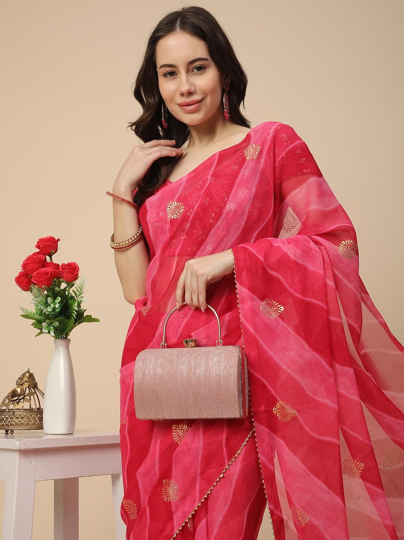 RATAN Women's Shimmer Georgette Leheriya Printed Saree with Embroidered Blouse Piece (GLL-BP-21889_Rani Pink) - Image 4