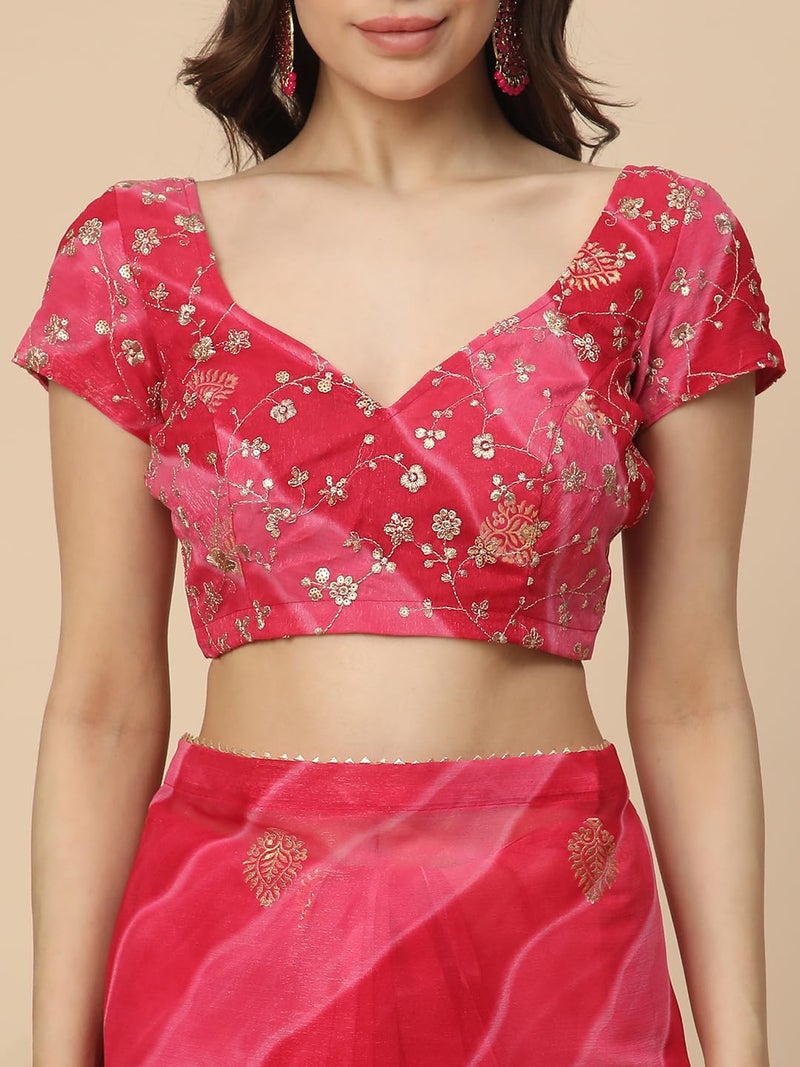 RATAN Women's Shimmer Georgette Leheriya Printed Saree with Embroidered Blouse Piece (GLL-BP-21889_Rani Pink) - Image 3