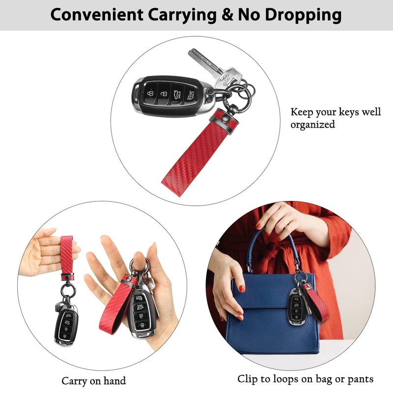 QBUC Carbon Fiber Style Car Key Chain Microfiber Leather Key Fob Keychains for Men Women with 360-degree Rotatable Swivel, Anti-Lost D-Ring, 2 Keyrings (Red) - Image 2