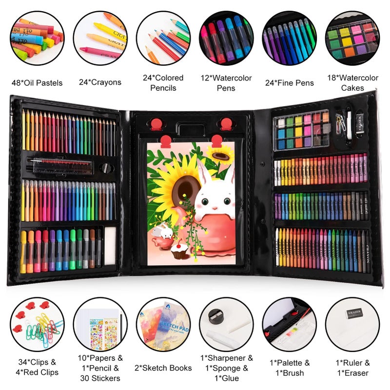 VigorFun Art Supplies, 240-Piece Art Set Crafts Drawing Kits with Double Sided Trifold Easel, Sketch Pads, Crayons, Colored Pencils, Gifts for Kids Girls Boys Teen Ages 4-6-8-9-12 (Black) - Image 2