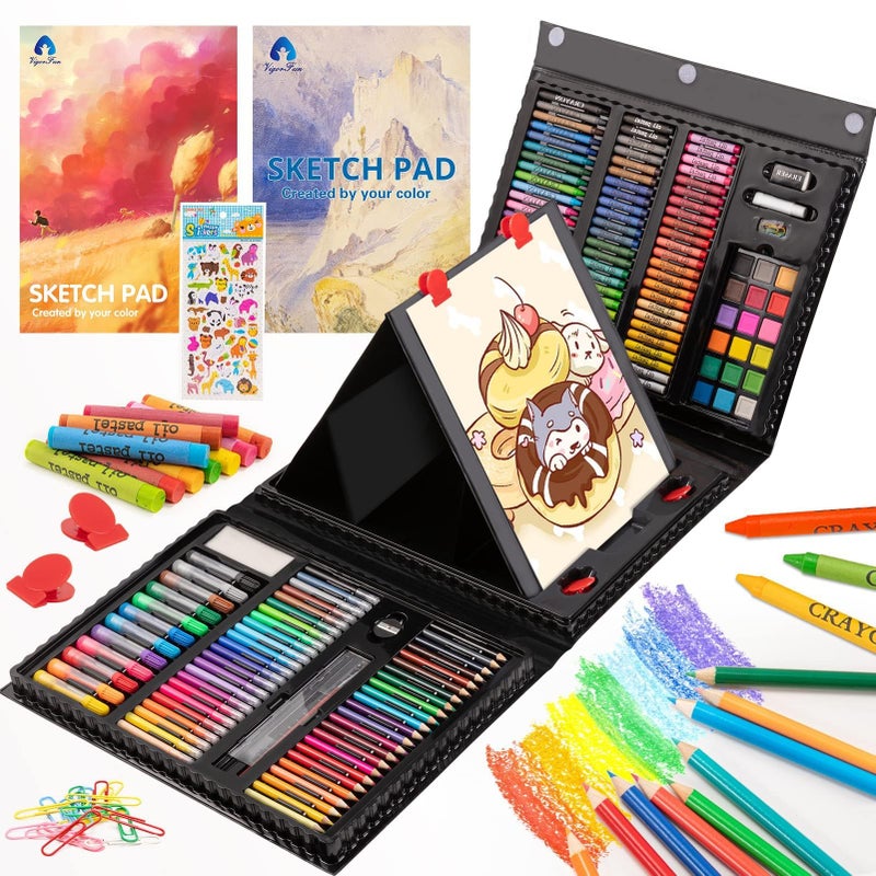 VigorFun Art Supplies, 240-Piece Art Set Crafts Drawing Kits with Double Sided Trifold Easel, Sketch Pads, Crayons, Colored Pencils, Gifts for Kids Girls Boys Teen Ages 4-6-8-9-12 (Black) - Image 1