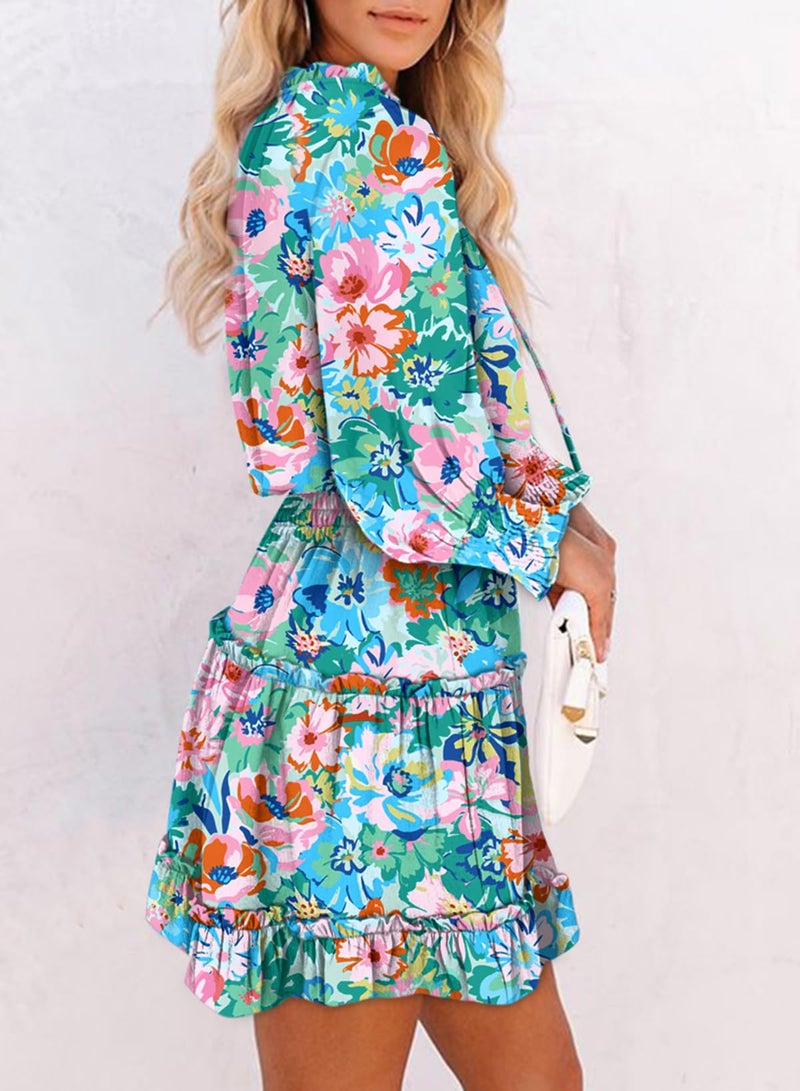 Dokotoo Sun Dresses for Women 2026 Resort Wear V Neck Ruffle Tiered Chiffon Smocked Long Sleeve Boho Hawaiian Floral Dress Beach Vacation Clothes Summer Casual Mini Dress Sundress Sky Blue Medium - Image 2