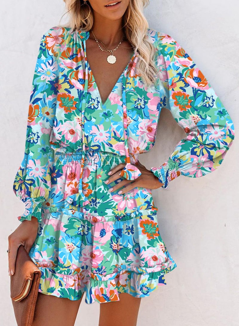 Dokotoo Sun Dresses for Women 2026 Resort Wear V Neck Ruffle Tiered Chiffon Smocked Long Sleeve Boho Hawaiian Floral Dress Beach Vacation Clothes Summer Casual Mini Dress Sundress Sky Blue Medium - Image 3