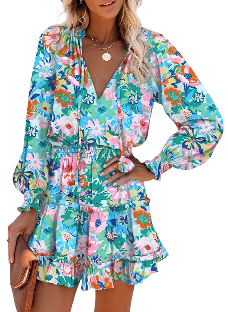 Dokotoo Sun Dresses for Women 2026 Resort Wear V Neck Ruffle Tiered Chiffon Smocked Long Sleeve Boho Hawaiian Floral Dress Beach Vacation Clothes Summer Casual Mini Dress Sundress Sky Blue Medium - Image 1