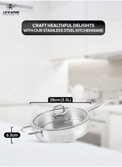 Life Smile 28cm (3.5 Liter) LIFE SMILE Frying pan with Lid - 18/10 Pure Stainless Steel - Thick Induction Base Double Handle Fry Pan - Non-Toxic, 100% PFOA, PTFE & PFOS Free - Oven Safe Saute Pan  - Image 2