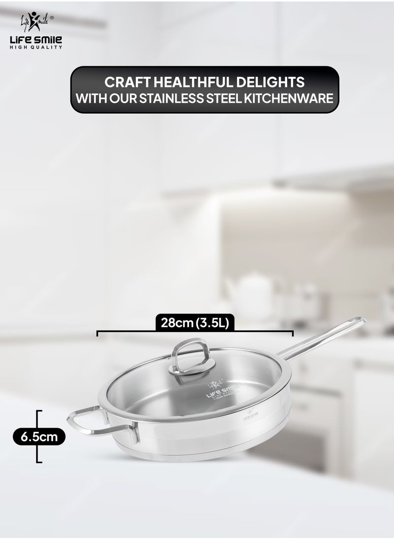 Life Smile - 28cm (3.5 Liter) LIFE SMILE Frying pan with Lid - 18/10 Pure Stainless Steel - Thick Induction Base Double Handle Fry Pan - Non-Toxic, 100% PFOA, PTFE & PFOS Free - Oven Safe Saute Pan - Image 1