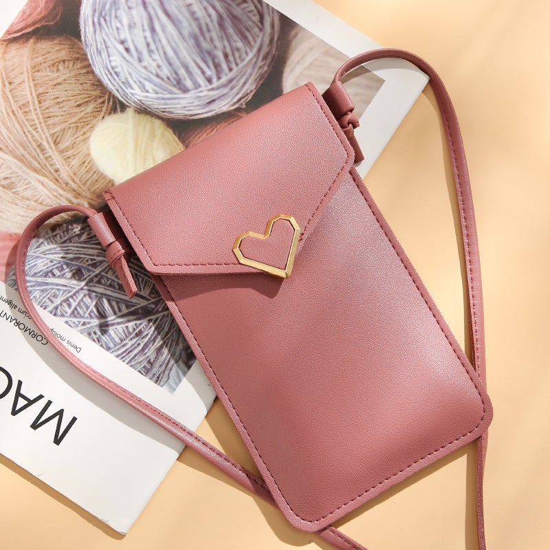 New Crossbody Mobile Phone Bag Transparent Touch Screen Mobile Phone Wallet Female Retro Student Solid Color Love Buckle Small Wallet - Image 2