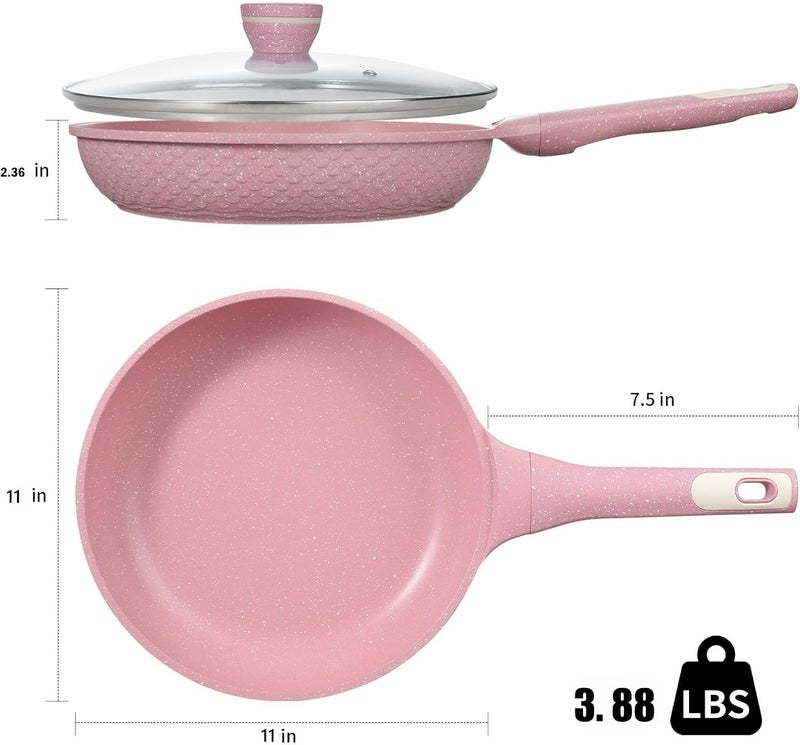 Xuanying 11 Inch Non Stick Frying Pans with Lid - 100% PFOA PFAS Free, Super Nonstick, All Stovetop Compatible Induction Gas Electric, Omelette & Egg Pan, Dishwasher Safe, Eco-Friendly Pink Pan - Image 2