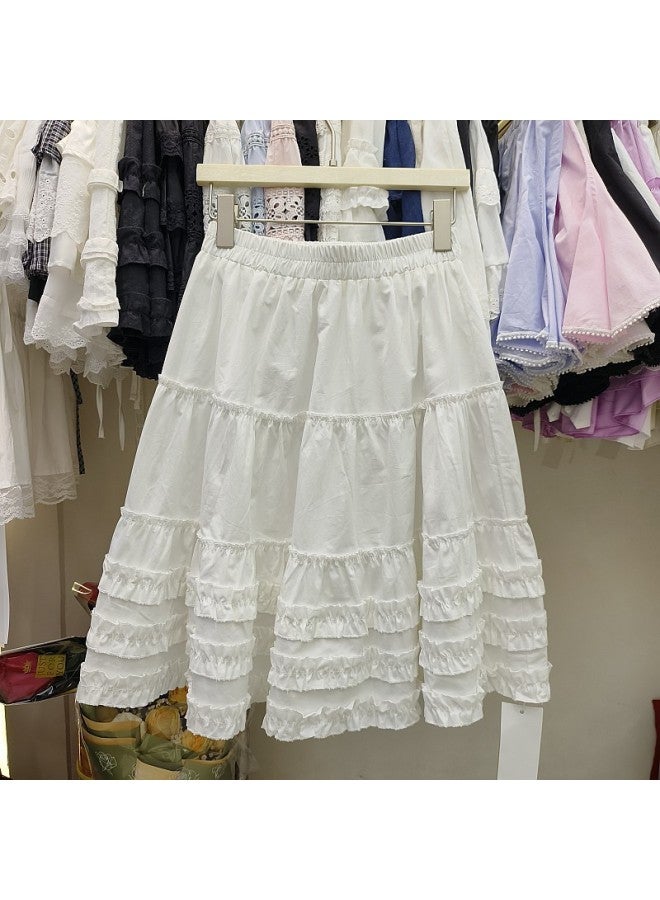 2025 Spring And Summer Elastic High Waist Korean Style Gentle Style Cake Skirt Heavy Industry Lotus Leaf Lace Stitching White Skirt 