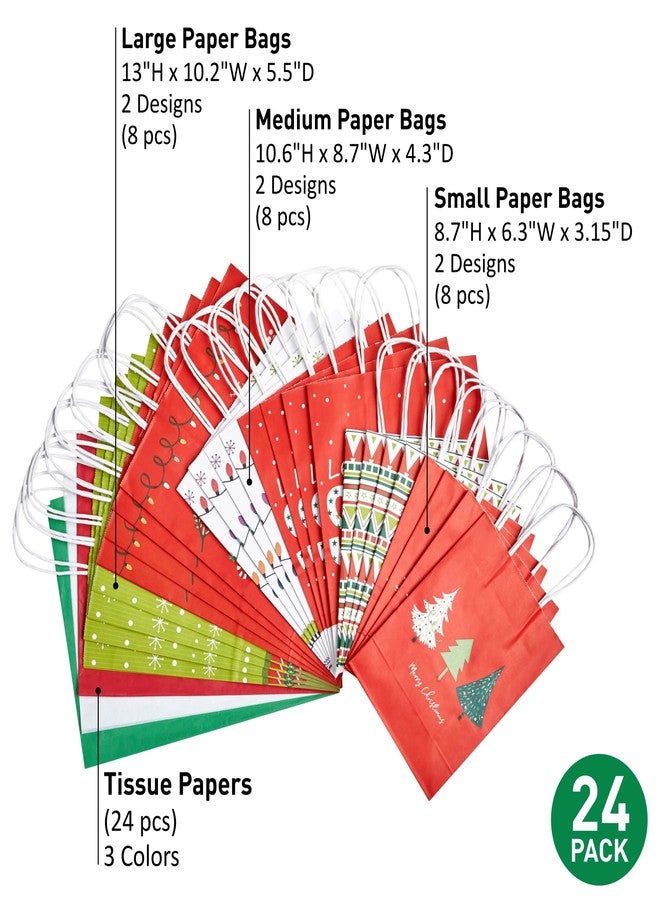 SUNCOLOR Pack of 24 Christmas Gift Bags Assorted Sizes With Tissue paper (8 Large 13", 8 Medium 11", 8 Small 9") - Image 2