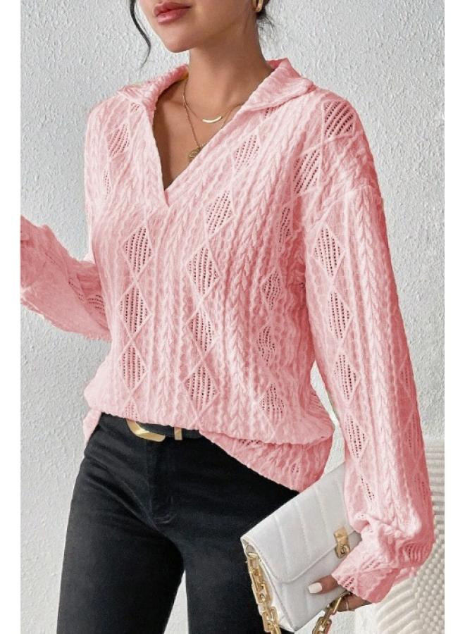 Generic European And American Rhombus Hollow Crochet Hot Girl Women's Lapel V-shaped Open Barrel Long Sleeve Casual T-shirt