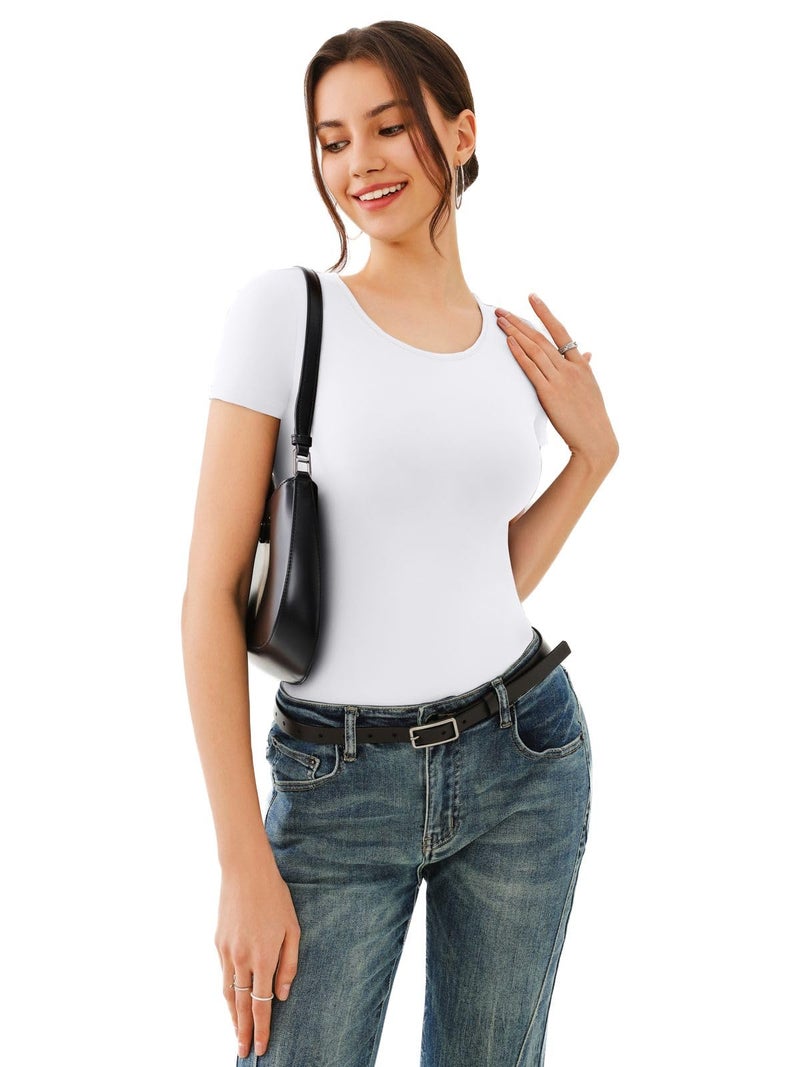 REORIA White Double Lined Basic Bodysuits Short Sleeve Body Suits Trendy Summer Outfits Tops for Women 2025 Medium - Image 3