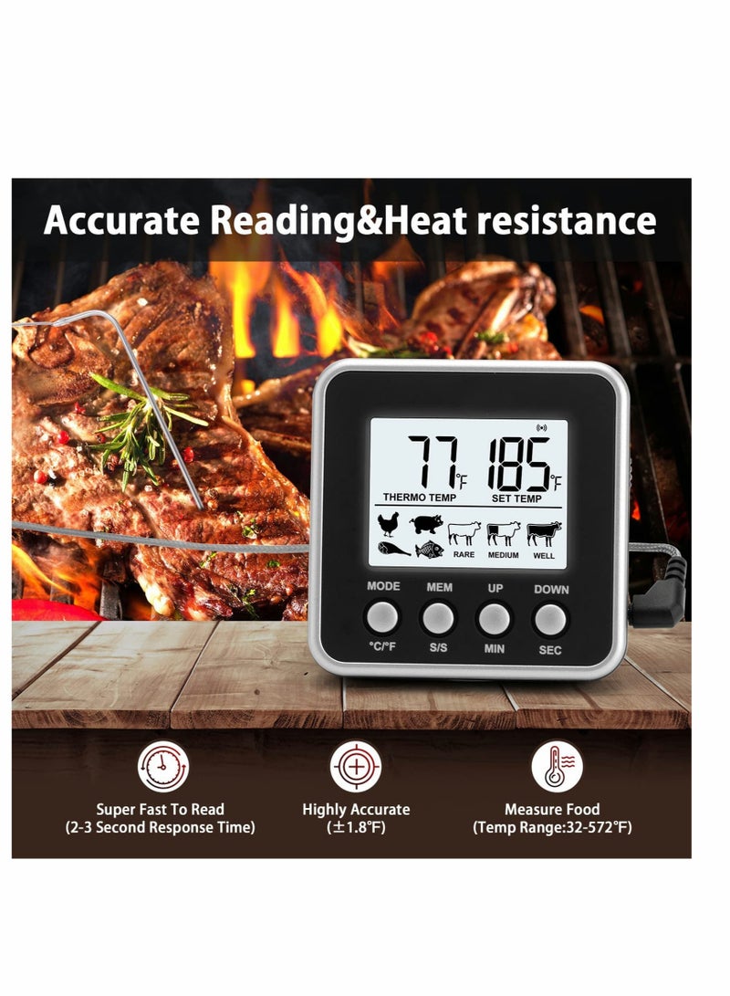 SYOSI Digital Meat Thermometer for Cooking and Grilling, Kitchen Food Candy Oven BBQ Grill Thermometer for Smoker Baking Liquid with Stainless Steel Probe Instant Read Magnetic Battery Timer Black - Image 4