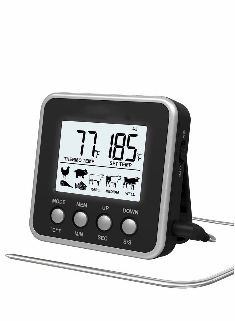 SYOSI Digital Meat Thermometer for Cooking and Grilling, Kitchen Food Candy Oven BBQ Grill Thermometer for Smoker Baking Liquid with Stainless Steel Probe Instant Read Magnetic Battery Timer Black - Image 1
