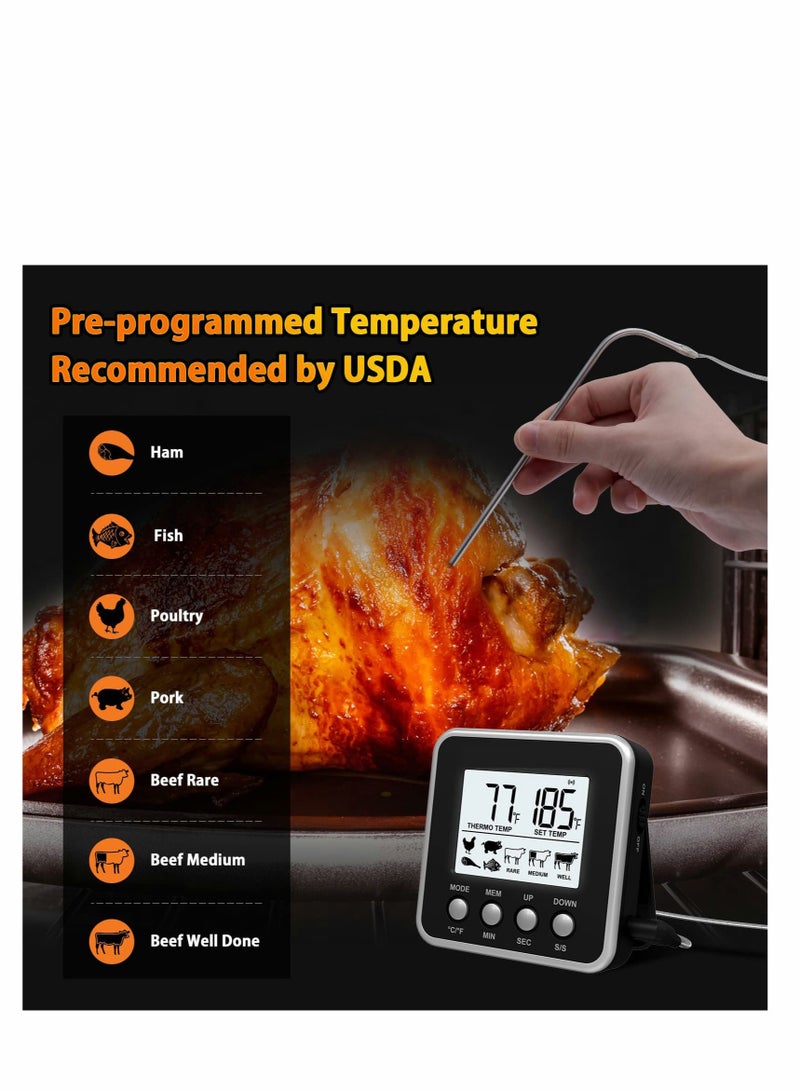 SYOSI Digital Meat Thermometer for Cooking and Grilling, Kitchen Food Candy Oven BBQ Grill Thermometer for Smoker Baking Liquid with Stainless Steel Probe Instant Read Magnetic Battery Timer Black - Image 2