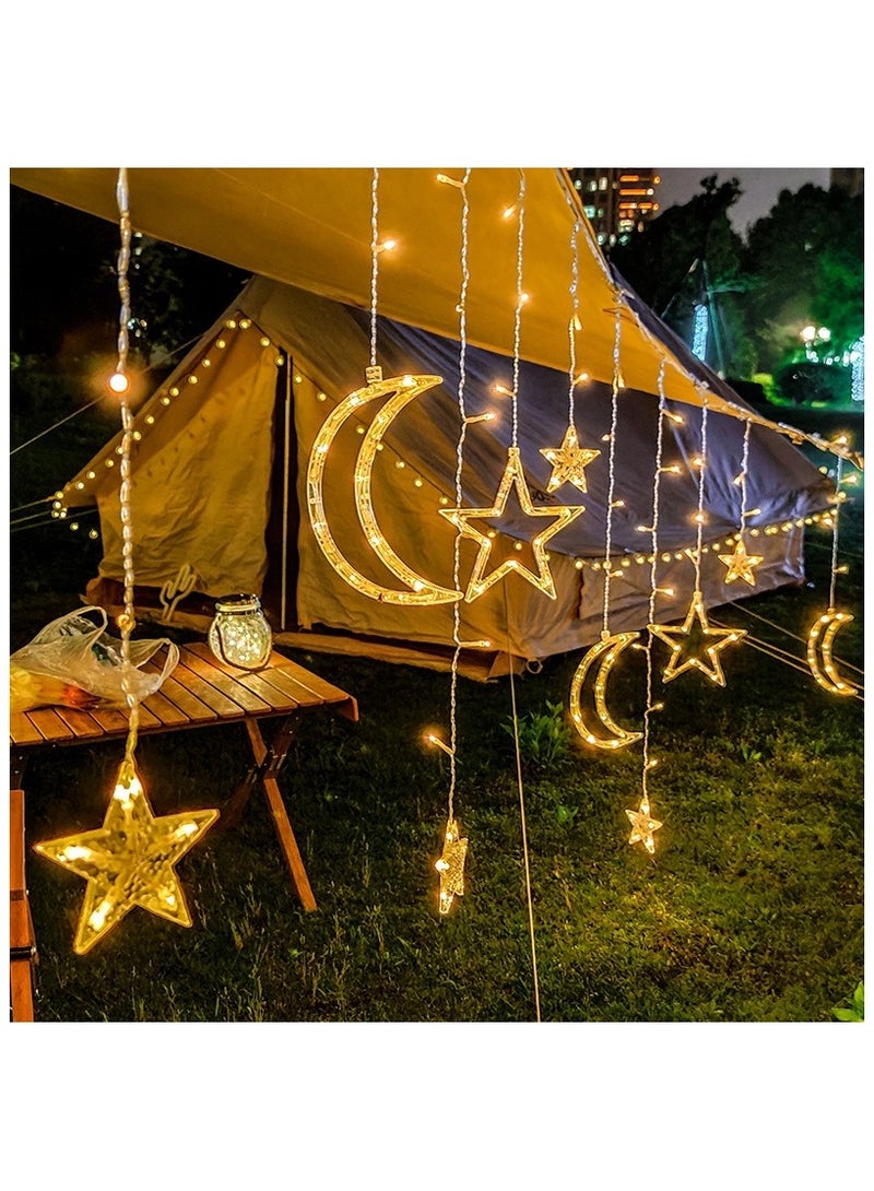 مصابيح ديكور للحديقة، ديكورات رمضان 3.5 متر للمنزل، ستارة خيطية مرصعة بالنجوم تعمل بالطاقة الشمسية، أضواء رمضانية خارجية مقاومة للماء بـ 8 أوضاع لتزيين الحديقة (تعمل بالبطارية) - Image 1