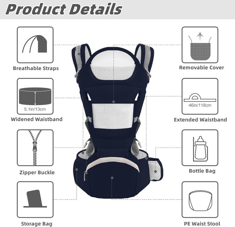 Luckam Baby Carrier Ergonomic Infant Carrier with Hip Seat Kangaroo Bag Soft Baby Carrier Newborn to Toddler 7-45lbs Front and Back Baby Holder Carrier for Men Dad Mom (Blue) - Image 2