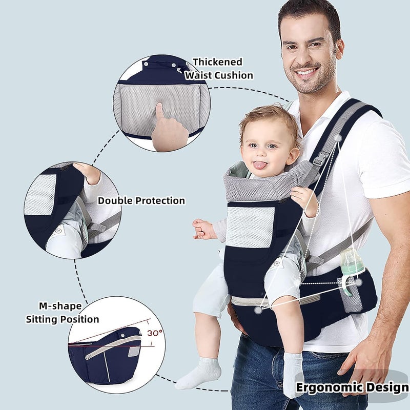 Luckam Baby Carrier Ergonomic Infant Carrier with Hip Seat Kangaroo Bag Soft Baby Carrier Newborn to Toddler 7-45lbs Front and Back Baby Holder Carrier for Men Dad Mom (Blue) - Image 3