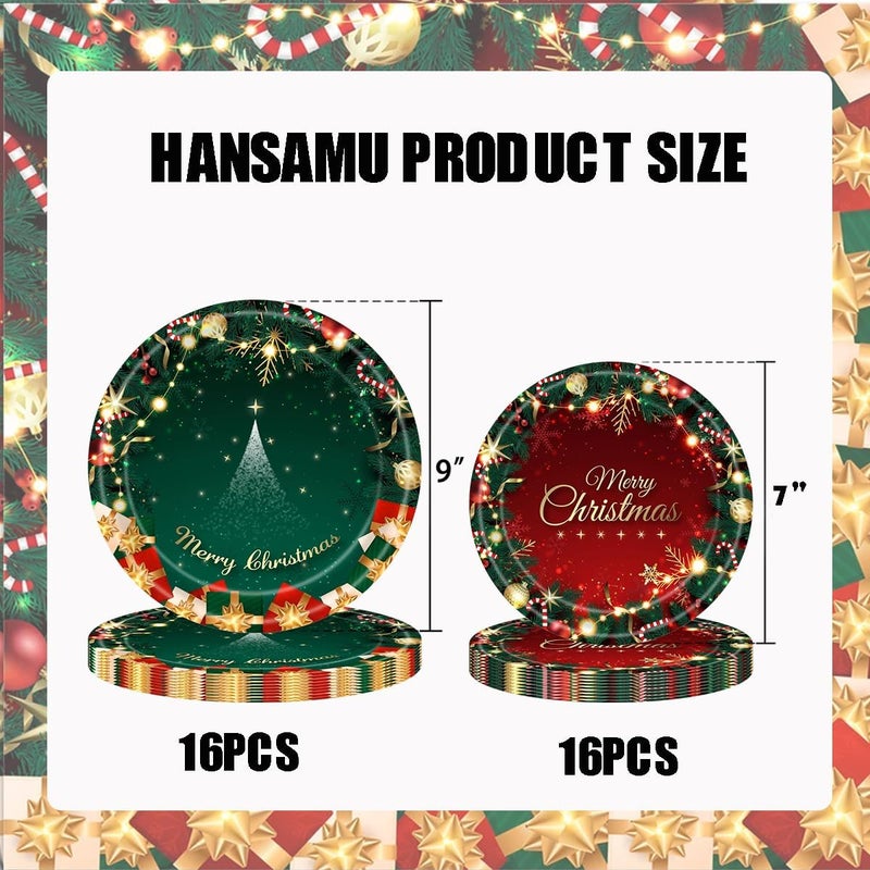 HANSAMU طقم أطباق ورقية عيد الميلاد القابل للتصرف 32 قطعة مع طباعة شجرة عيد الميلاد وجرس عيد الميلاد لأطباق العشاء لأجل عيد الميلاد - Image 2