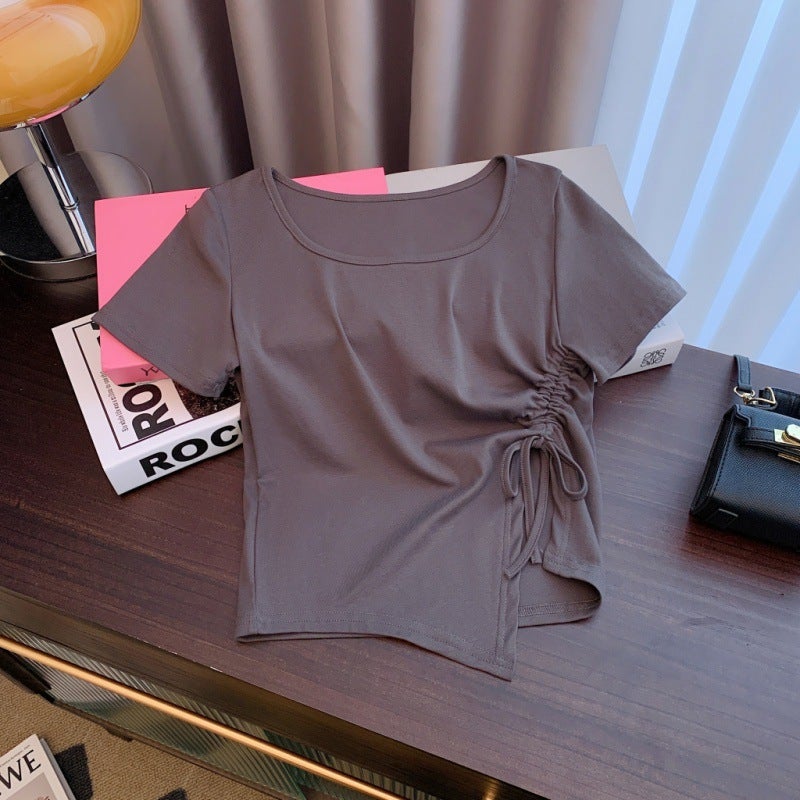 Fashionable Short T-Shirt For Women, Summer Style, Slim Fit, Drawstring, Irregular Design, Short-Sleeved Top, Trendy - Image 5