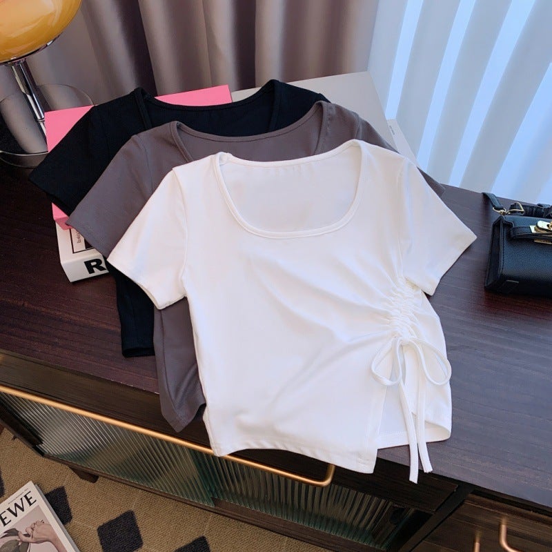Fashionable Short T-Shirt For Women, Summer Style, Slim Fit, Drawstring, Irregular Design, Short-Sleeved Top, Trendy - Image 2