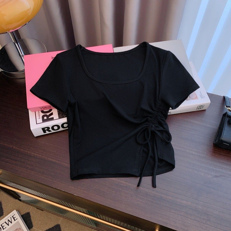 Fashionable Short T-Shirt For Women, Summer Style, Slim Fit, Drawstring, Irregular Design, Short-Sleeved Top, Trendy - Image 4