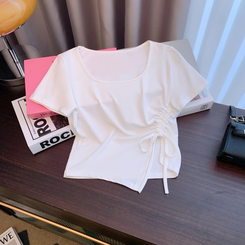 Fashionable Short T-Shirt For Women, Summer Style, Slim Fit, Drawstring, Irregular Design, Short-Sleeved Top, Trendy - Image 3