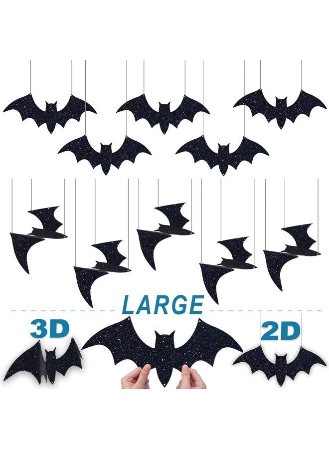 Pawliss Halloween Decorations Outdoor 10Pcs Hanging Bats Stickers Wall Decals Window Sticker Large 3D Bats with glitter Removable Halloween Yard Front Door Porch Decoration Party Gothic Decor Indoor - Image 2