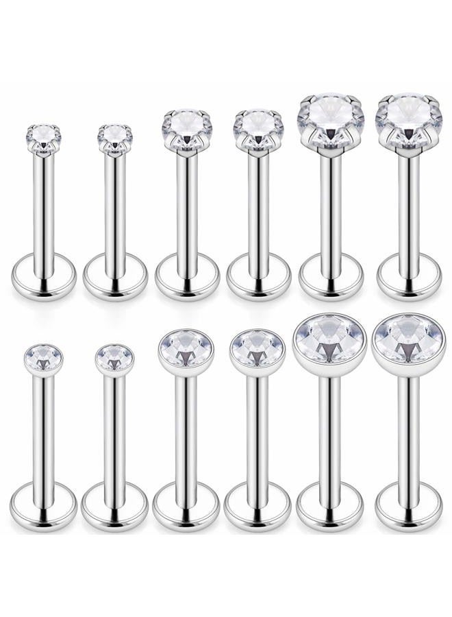 SCERRING 6 أزواج 14G حلقات شفاه من الفولاذ المقاوم للصدأ 2mm 3mm 4mm مع CZ شفاف مزودة بخيوط داخلية - فضي - Image 1