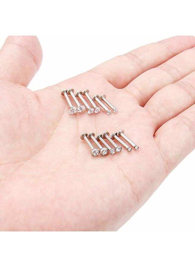 SCERRING 6 أزواج 14G حلقات شفاه من الفولاذ المقاوم للصدأ 2mm 3mm 4mm مع CZ شفاف مزودة بخيوط داخلية - فضي - Image 3