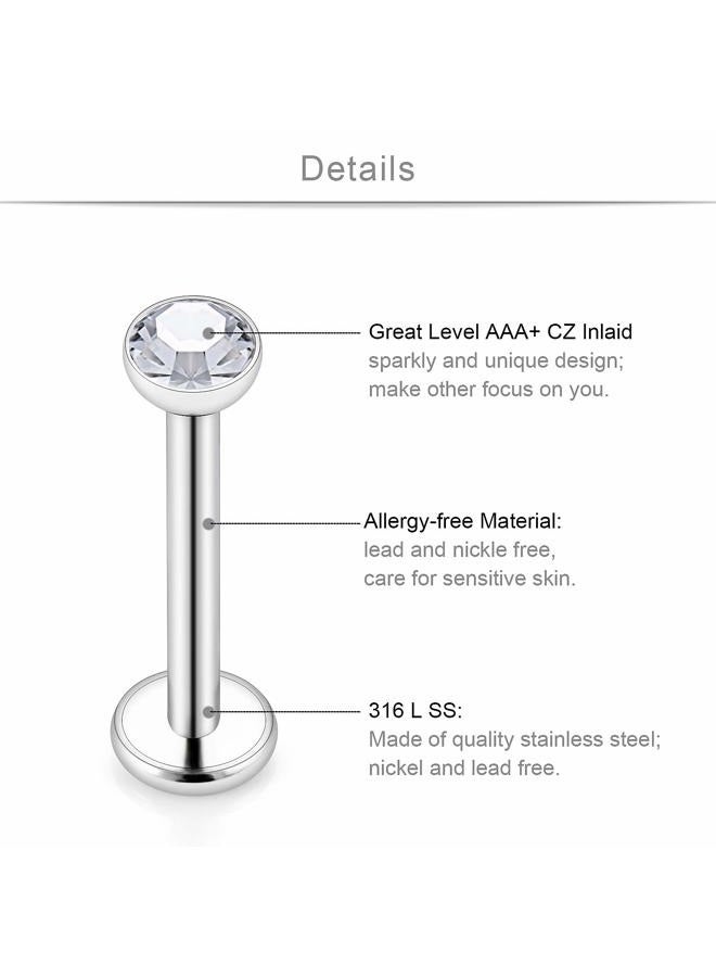 SCERRING 6 أزواج 14G حلقات شفاه من الفولاذ المقاوم للصدأ 2mm 3mm 4mm مع CZ شفاف مزودة بخيوط داخلية - فضي - Image 2