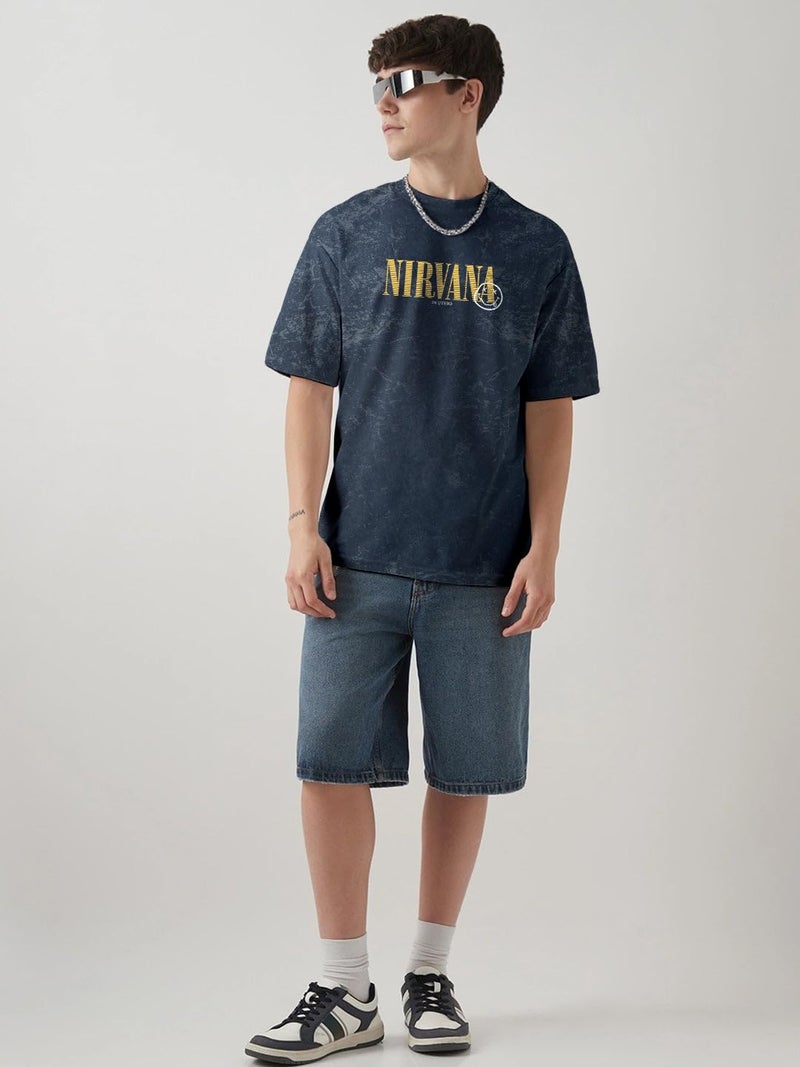 crazymonk Nirvana Acid Wash Graphic Printed Oversized T-Shirt - Navy Blue - M - Image 3