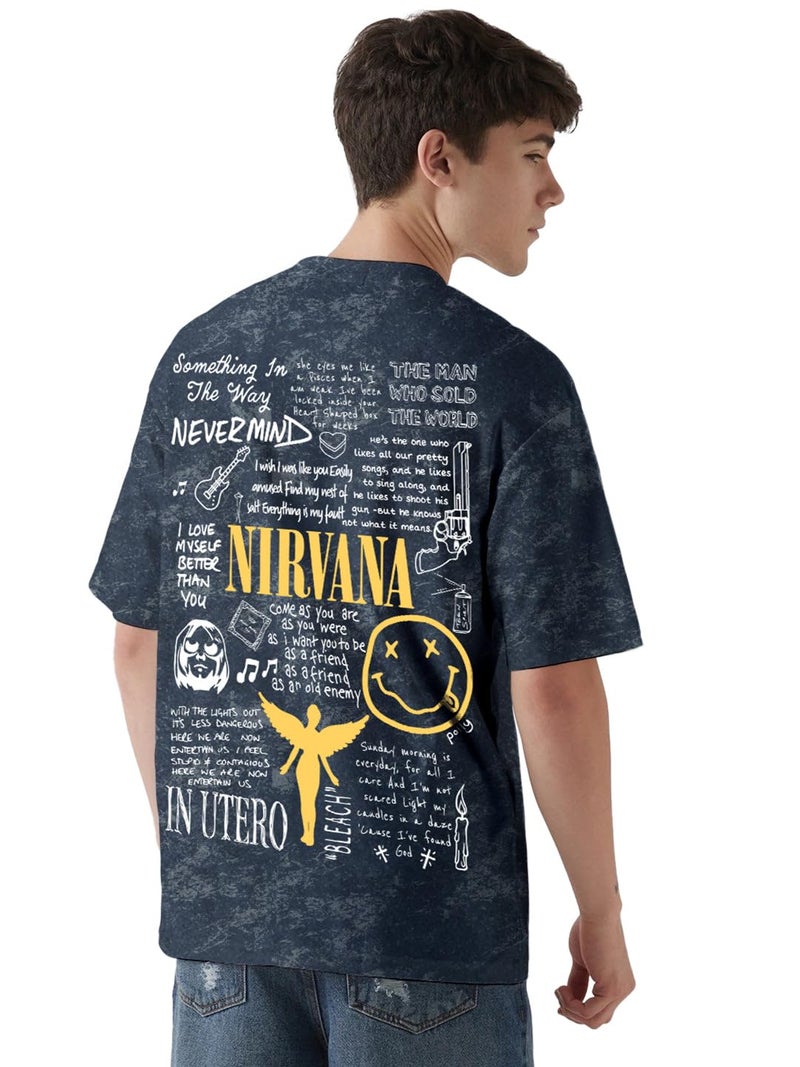 crazymonk Nirvana Acid Wash Graphic Printed Oversized T-Shirt - Navy Blue - M - Image 1