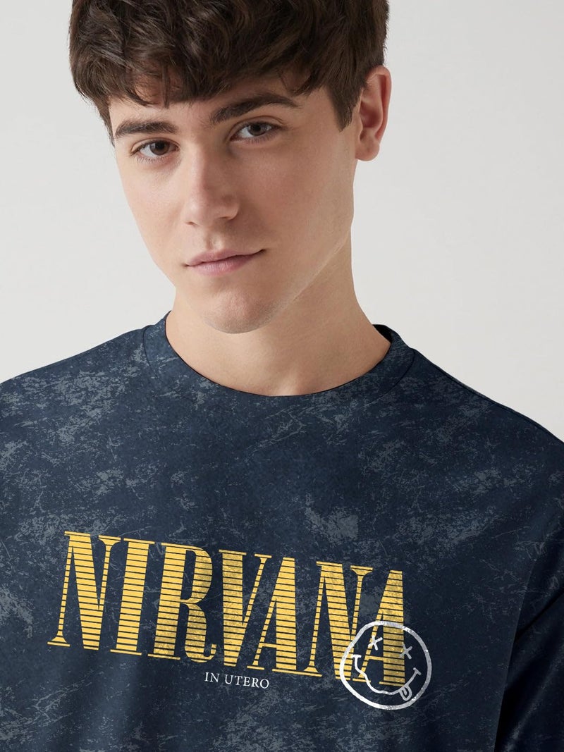crazymonk Nirvana Acid Wash Graphic Printed Oversized T-Shirt - Navy Blue - M - Image 4