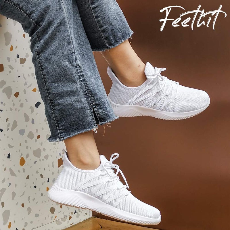 Feethit Womens Slip On Running Shoes Non Slip Walking Shoes Lightweight Gym Workout Shoes Breathable Fashion Sneakers All White Size 8.5 - Image 2