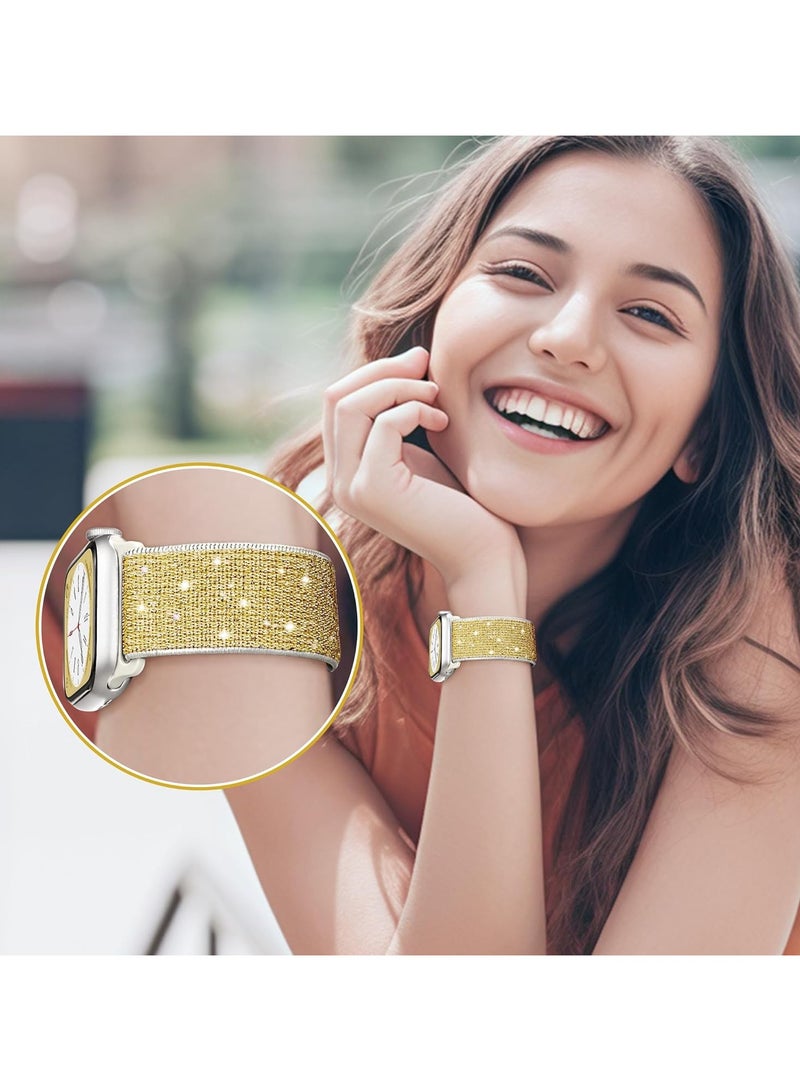 Bling Stretchy Nylon Band Compatible with Apple Watch Band 42mm 44mm 45mm 46mm 49mm for Women, Sparkly Elastic Solo Loop Bands for iWatch Series 10/9/8/7/6/5/Ultra/Ultra 2 (Gold)  - Image 3
