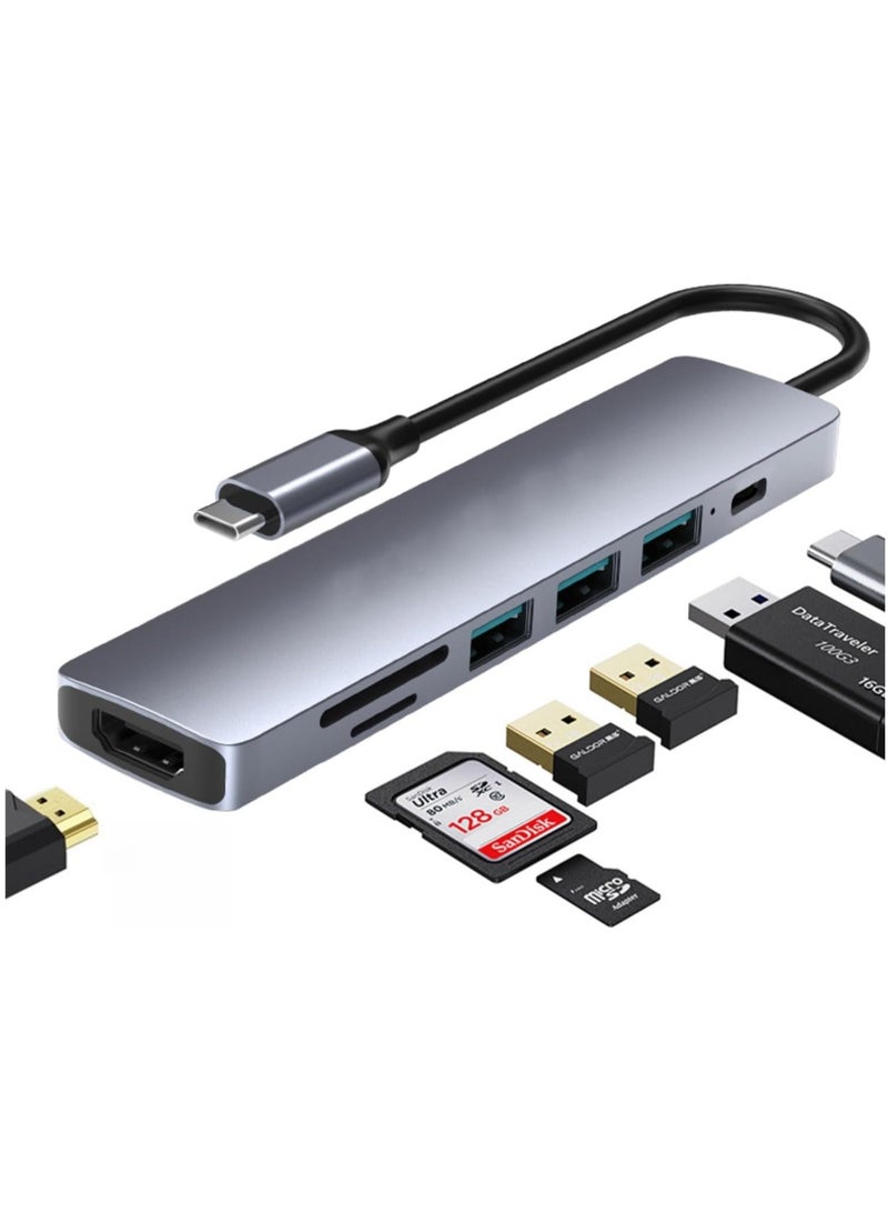 UREVO USB Hub Multiport Adapter 7 in 1 Portable Space Aluminum Dongle With 4K HDMI Output 3 USB 3.0 Ports SD/Micro SD Card Reader - Image 1