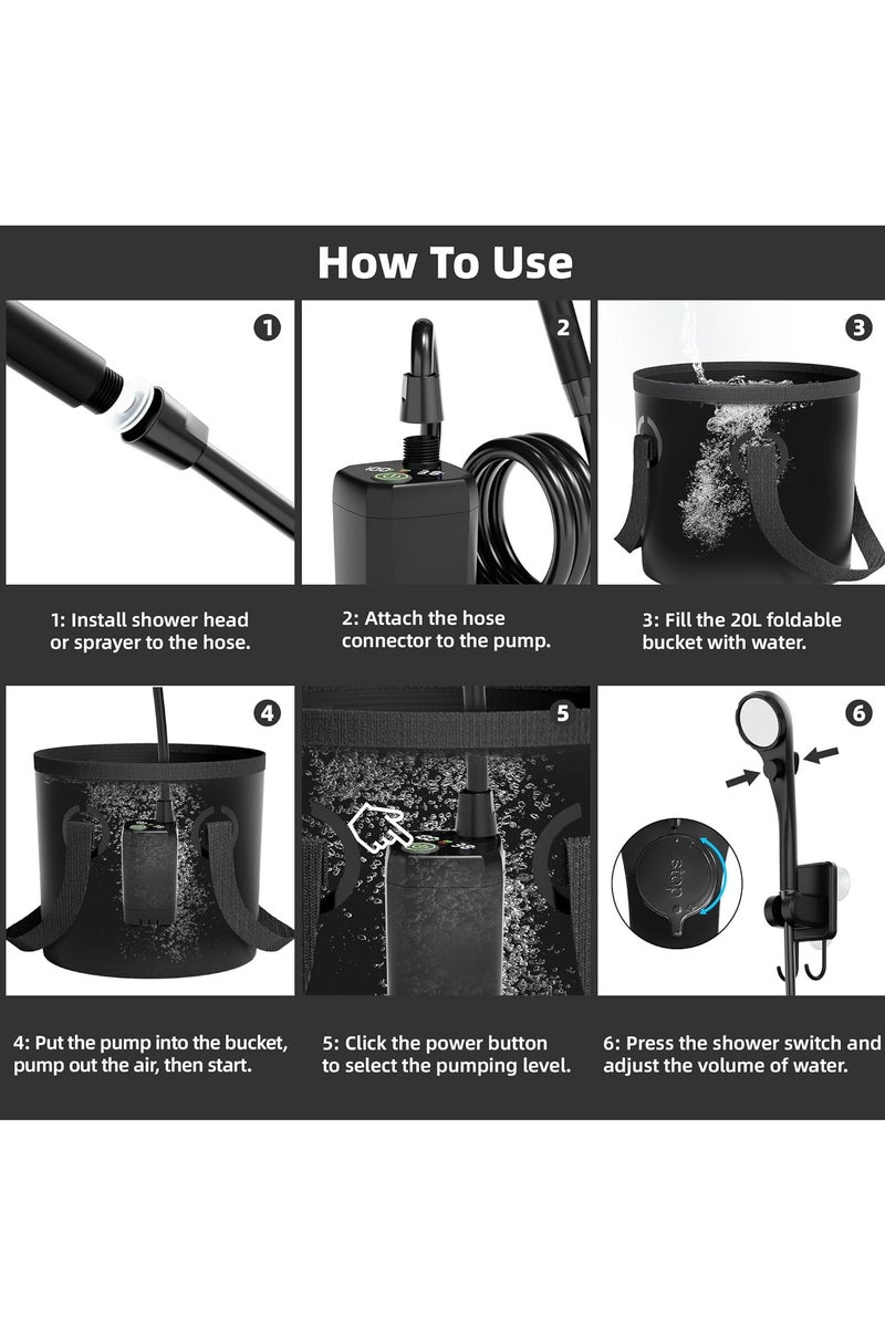 Necomi Portable Camping Shower Set, Multi-Functional Personal Hygiene Solution, Including 6000mAh Rechargeable Camping Shower Pump, Folding Bucket, Shower Head and Spray Head, Suitable for Hiking, Car Wash, Travel and Pet Shower - Image 4