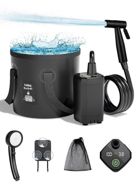 Portable Camping Shower Set, Multi-Functional Personal Hygiene Solution, Including 6000mAh Rechargeable Camping Shower Pump, Folding Bucket, Shower Head and Spray Head, Suitable for Hiking, Car Wash, Travel and Pet Shower