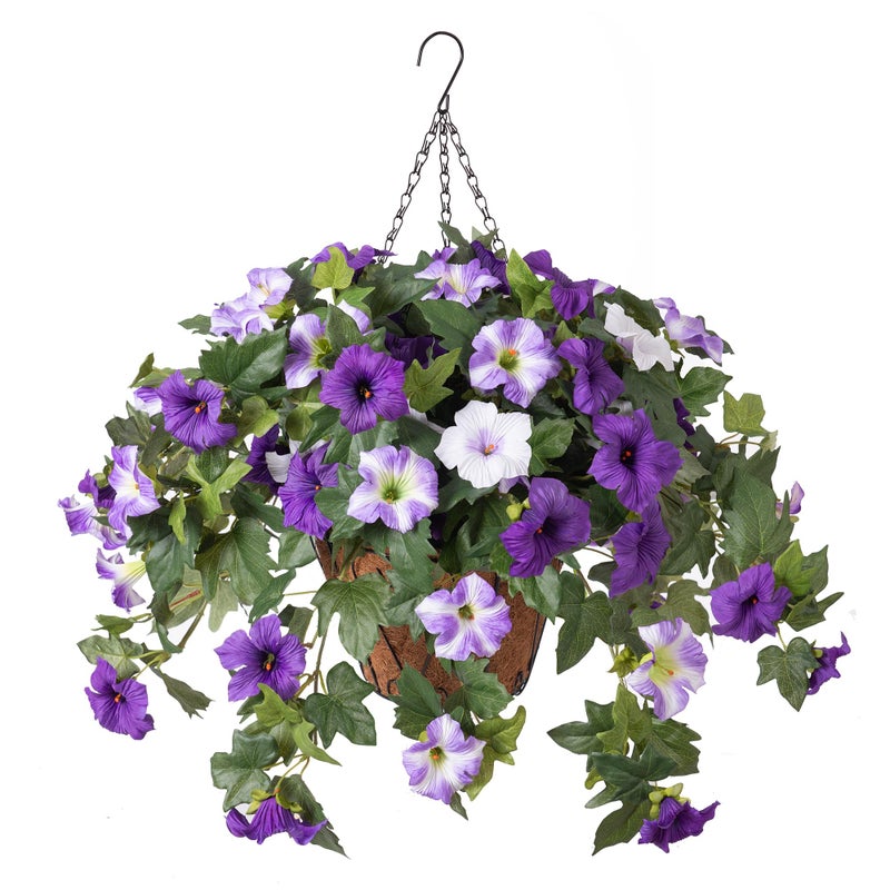 Ammyoo Artificial Hanging Fake Flowers with Basket Plants for Outdoor Decoration, Faux Silk Flower UV Resistant Morning Glory for Home Porch Patio Garden Balcony Yard Look Real (Purple White) - Image 1