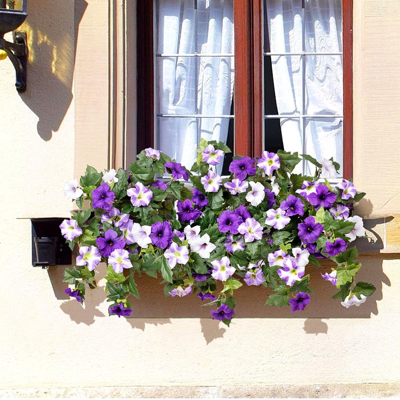 Ammyoo Artificial Hanging Fake Flowers with Basket Plants for Outdoor Decoration, Faux Silk Flower UV Resistant Morning Glory for Home Porch Patio Garden Balcony Yard Look Real (Purple White) - Image 5