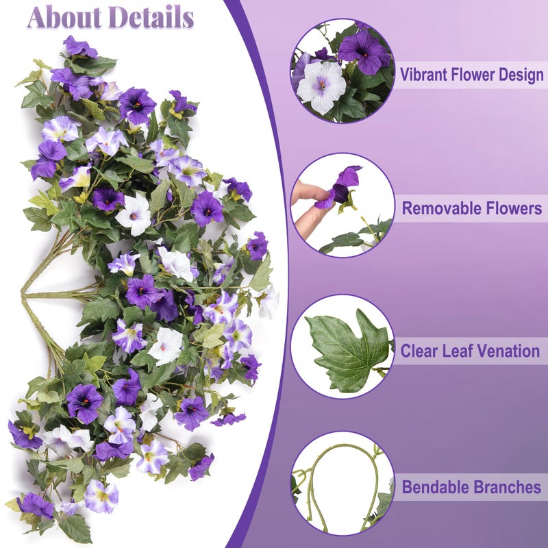 Ammyoo Artificial Hanging Fake Flowers with Basket Plants for Outdoor Decoration, Faux Silk Flower UV Resistant Morning Glory for Home Porch Patio Garden Balcony Yard Look Real (Purple White) - Image 2
