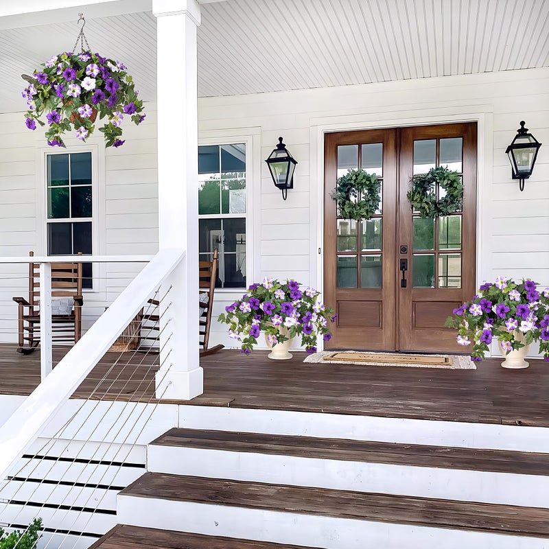 Ammyoo Artificial Hanging Fake Flowers with Basket Plants for Outdoor Decoration, Faux Silk Flower UV Resistant Morning Glory for Home Porch Patio Garden Balcony Yard Look Real (Purple White) - Image 4
