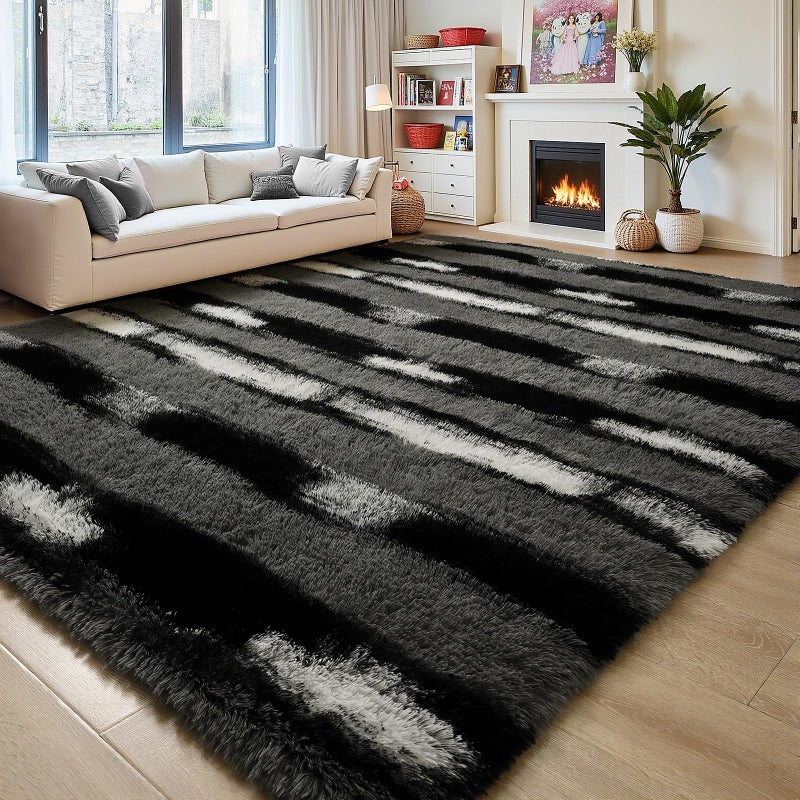 FALARK Fluffy Area Rugs for Bedroom Living Room, 4x6 Black and Grey Soft Plush Striped Rug, Modern Indoor Non Slip Washable Carpet, Furry Throw Carpets for Home Decor - Image 1