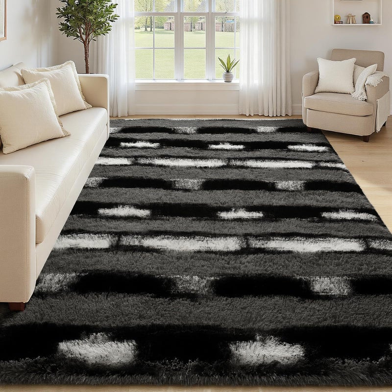 FALARK Fluffy Area Rugs for Bedroom Living Room, 4x6 Black and Grey Soft Plush Striped Rug, Modern Indoor Non Slip Washable Carpet, Furry Throw Carpets for Home Decor - Image 4