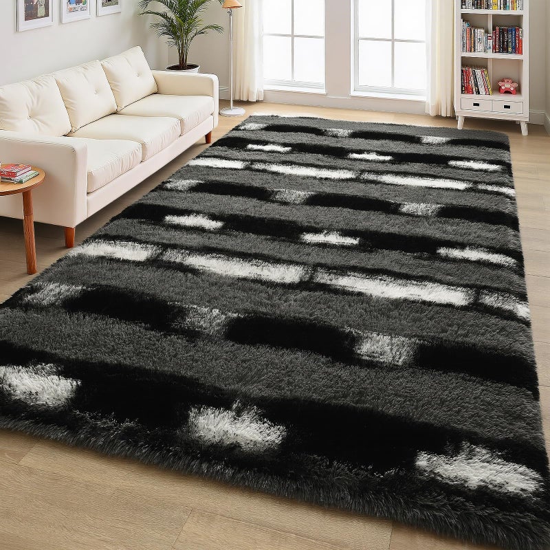 FALARK Fluffy Area Rugs for Bedroom Living Room, 4x6 Black and Grey Soft Plush Striped Rug, Modern Indoor Non Slip Washable Carpet, Furry Throw Carpets for Home Decor - Image 5