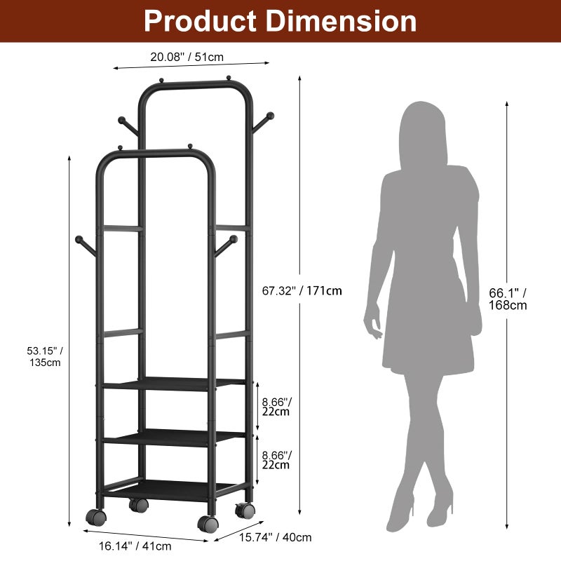 Furologee Clothing Racks for Hanging Clothes, Portable Rolling Garment Rack, Sturdy Metal Freestanding Clothes Rack with Wheels, Double Rods Wardrobe Racks for Bedroom Laundry Living Room - Image 4