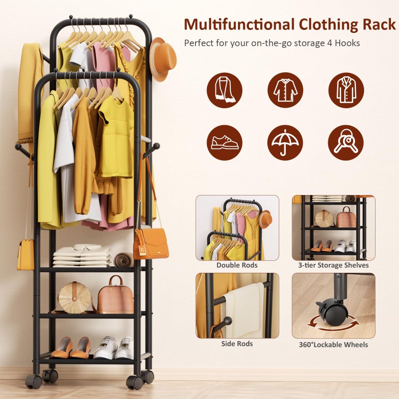 Furologee Clothing Racks for Hanging Clothes, Portable Rolling Garment Rack, Sturdy Metal Freestanding Clothes Rack with Wheels, Double Rods Wardrobe Racks for Bedroom Laundry Living Room - Image 5