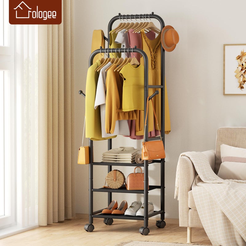 Furologee Clothing Racks for Hanging Clothes, Portable Rolling Garment Rack, Sturdy Metal Freestanding Clothes Rack with Wheels, Double Rods Wardrobe Racks for Bedroom Laundry Living Room - Image 3